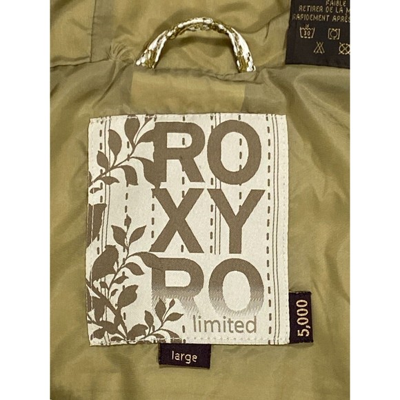 Roxy 5000 Snow Jacket Women Large Gold Cream Checkered Fur Hood Long Sleeve - Picture 9 of 15